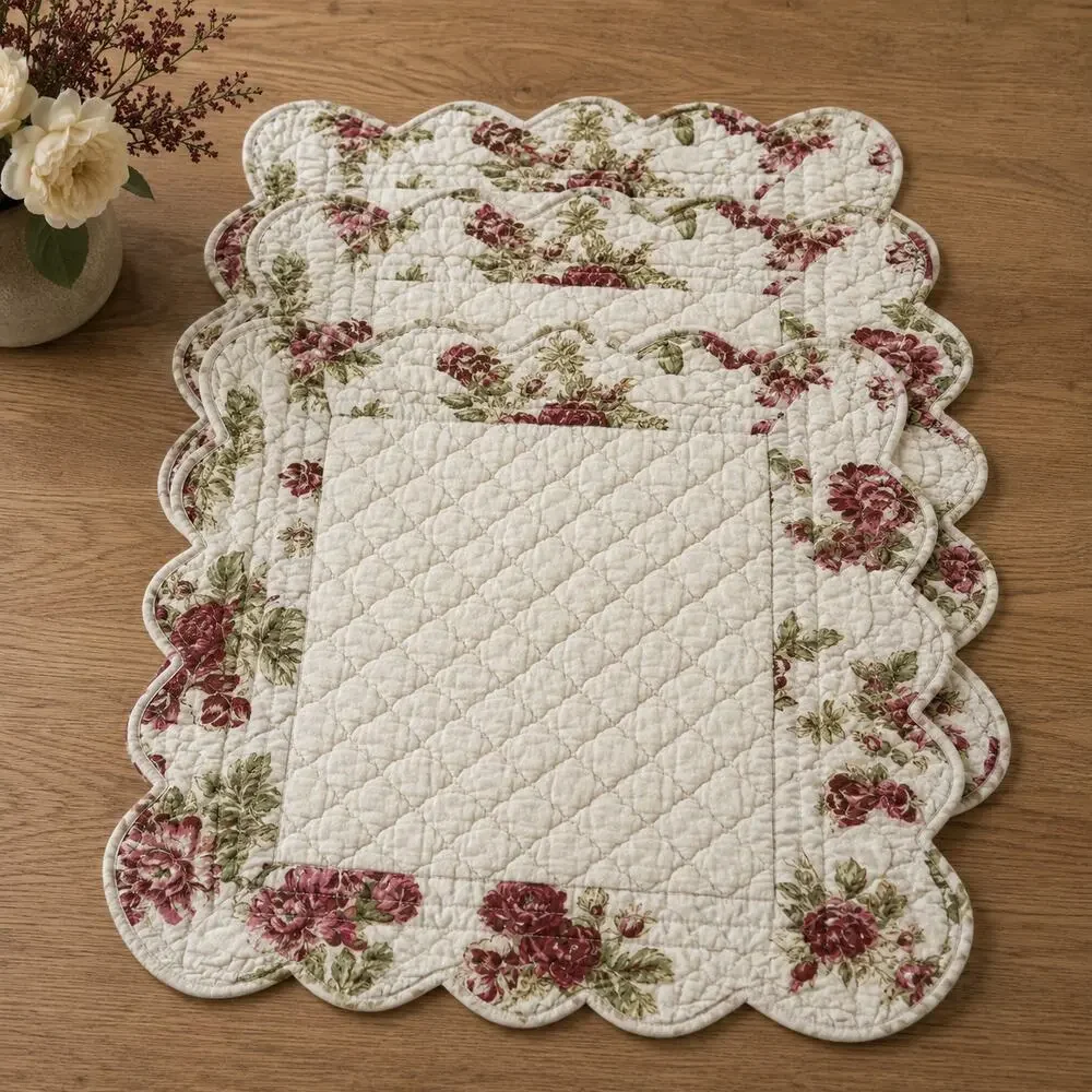 Boutis Piqué Placemats Set of 3 Autumn Rose Floral Quilted French 20x14